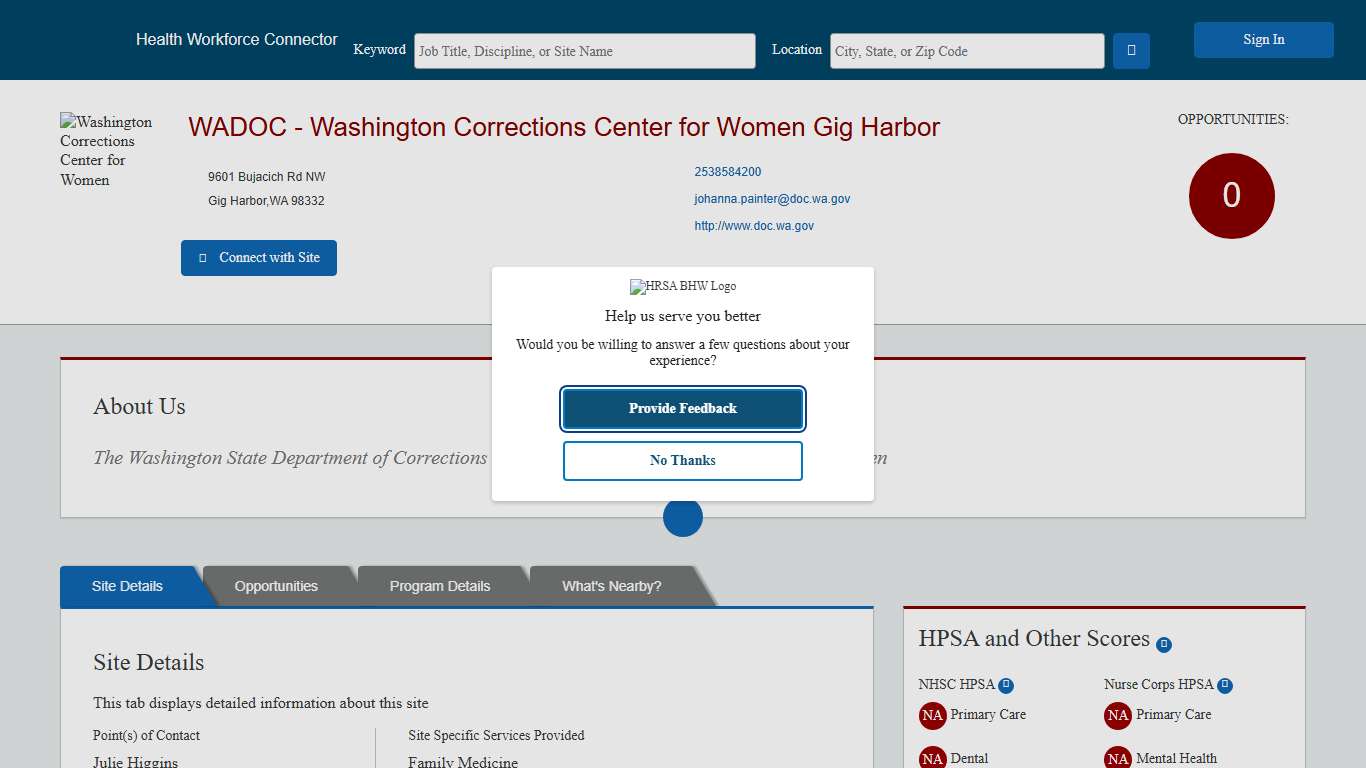 Health Workforce Connector - Site Profile Page